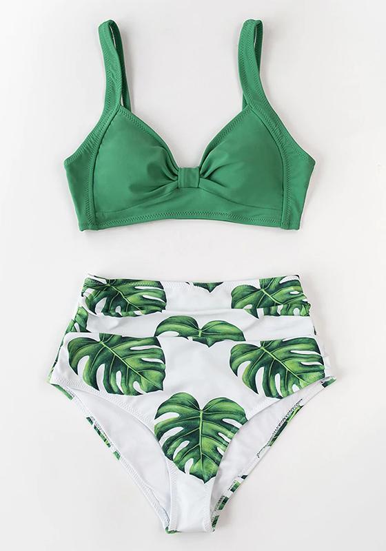 Pink And Green Floral High-waisted Bikini Set