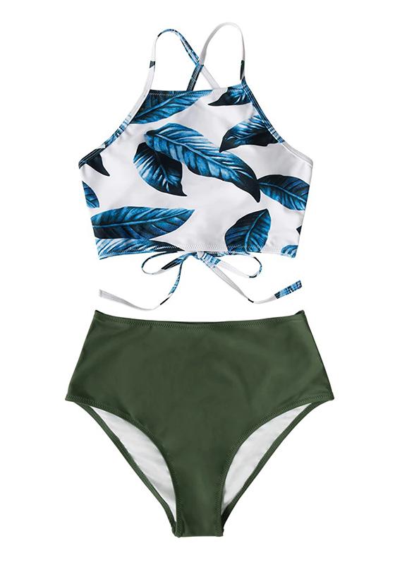 Blue Leaf and Green High-waist Bikini Set