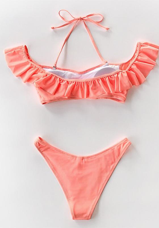 Solid Pink Ruffled Halter Thong Bikini Set