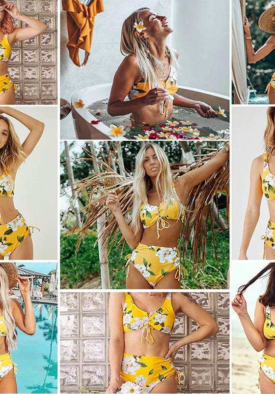 Yellow Floral High-Waist Bikini Set