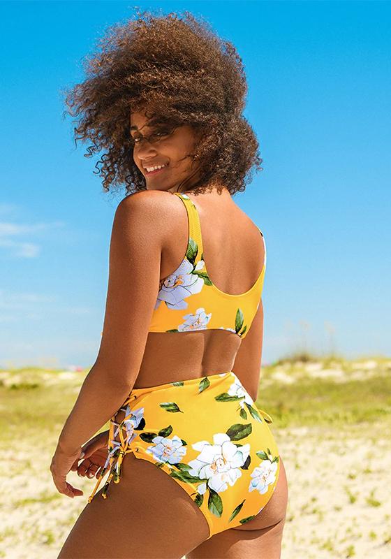 Yellow Floral High-Waist Bikini Set