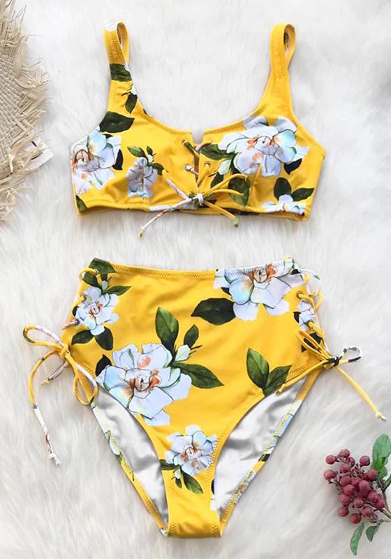 Yellow Floral High-Waist Bikini Set