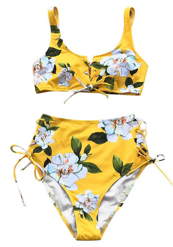 Yellow Floral High-Waist Bikini Set