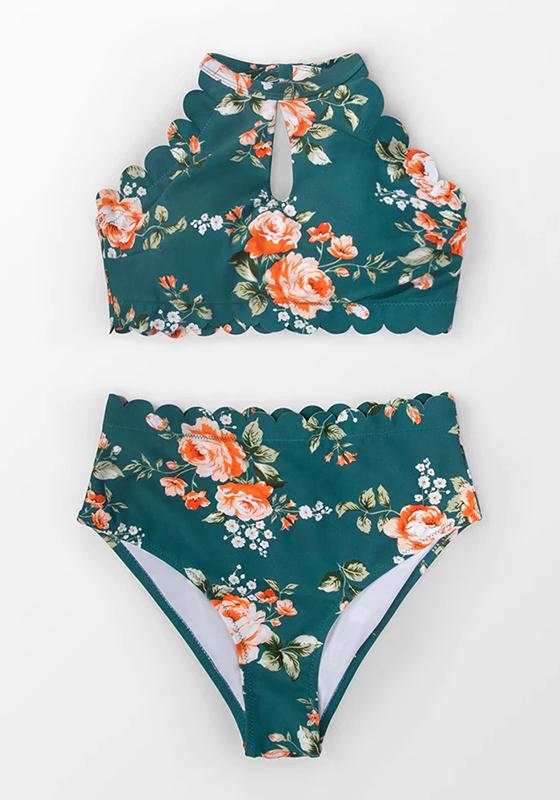 Green Floral Halter Bikini Set