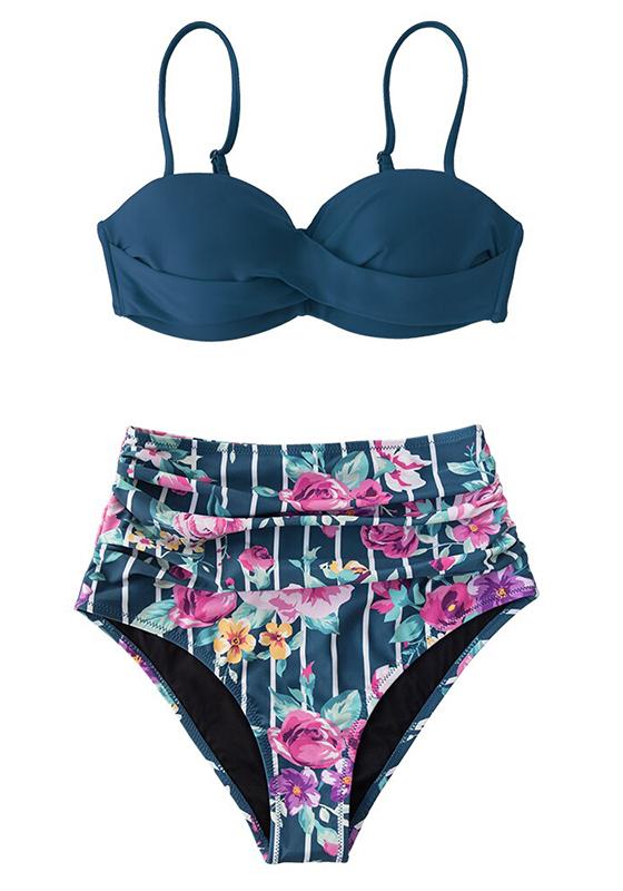 Black And Floral Push Up High Waist Bikini Set