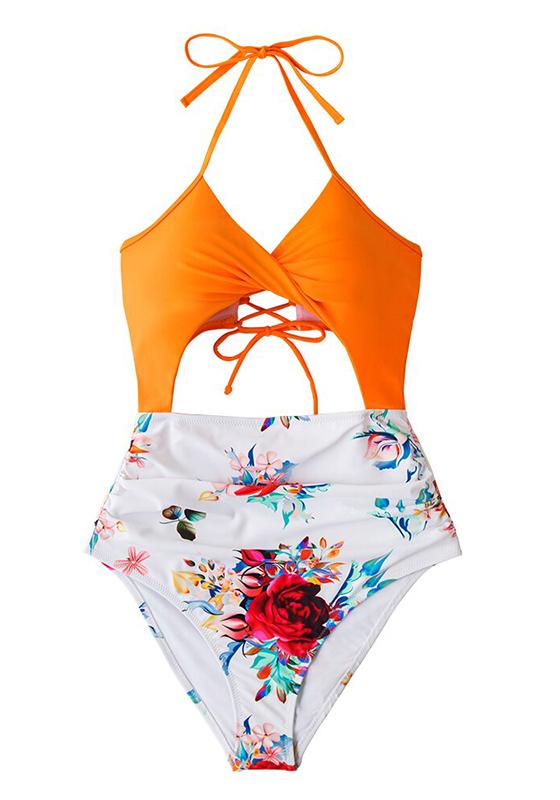 Sexy Black Floral Print Halter One-Piece