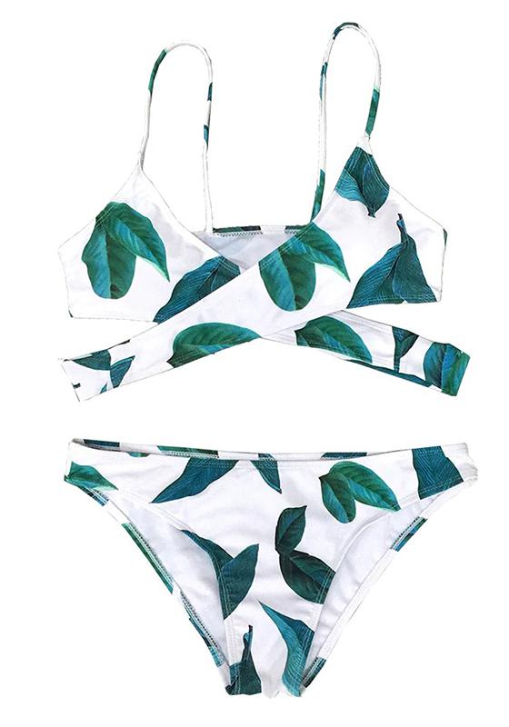 Blue Leaves Print Lace Up Low-waist Bikini Set