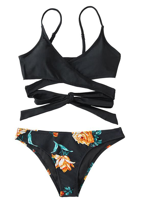 Blue Leaves Print Lace Up Low-waist Bikini Set