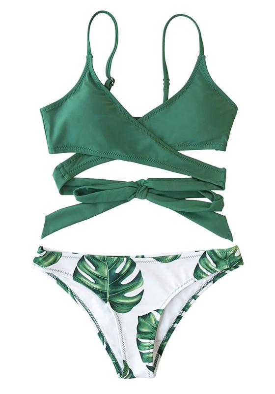 Blue Leaves Print Lace Up Low-waist Bikini Set