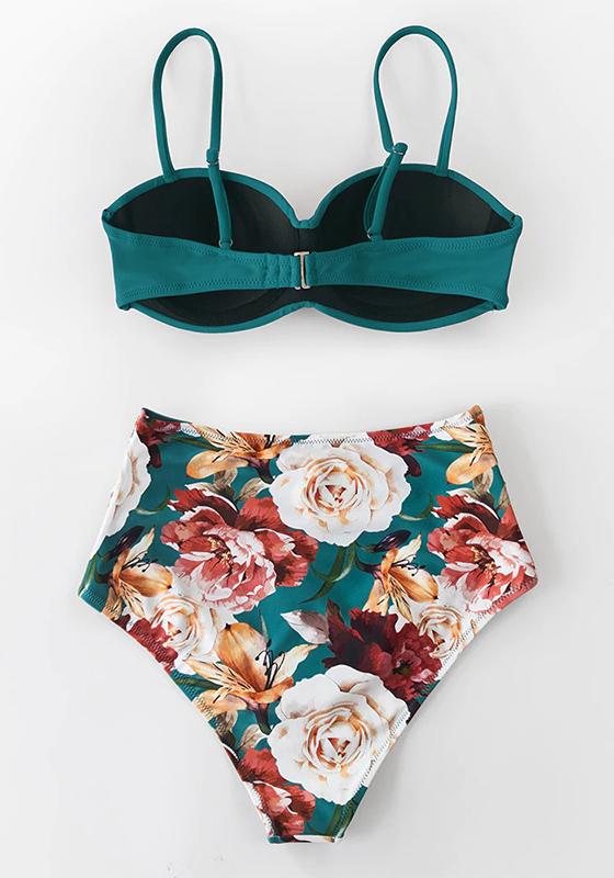 Black And Floral Push Up High Waist Bikini Set