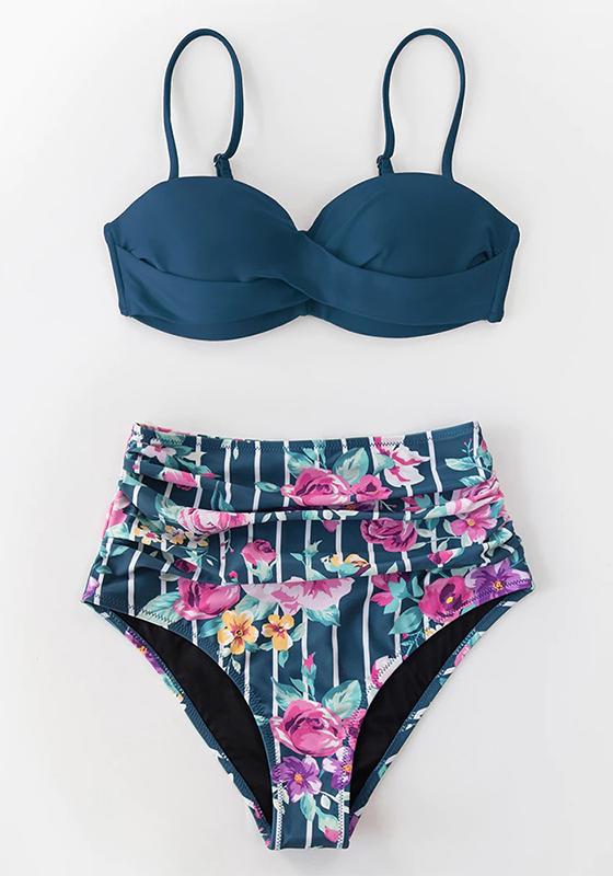 Black And Floral Push Up High Waist Bikini Set