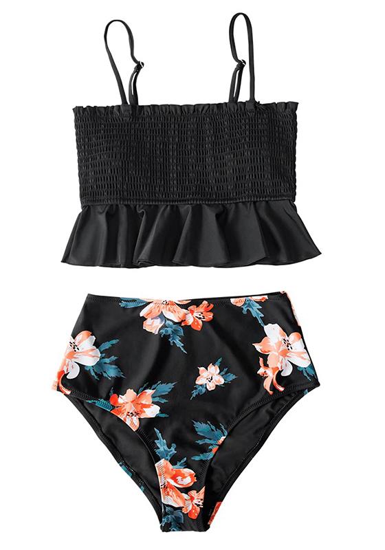 Black Floral Smocked High-Waisted Bikini Set