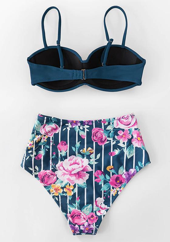 Black And Floral Push Up High Waist Bikini Set