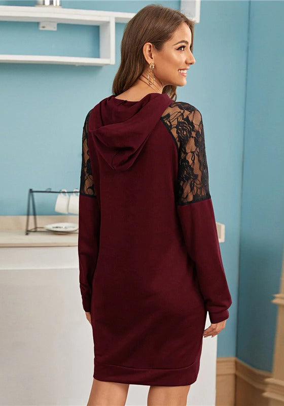 Contrast Lace Hooded Sweatshirt Dress