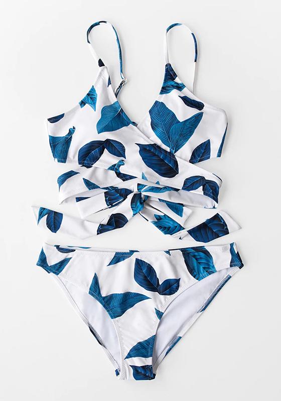 Blue Leaves Print Lace Up Low-waist Bikini Set