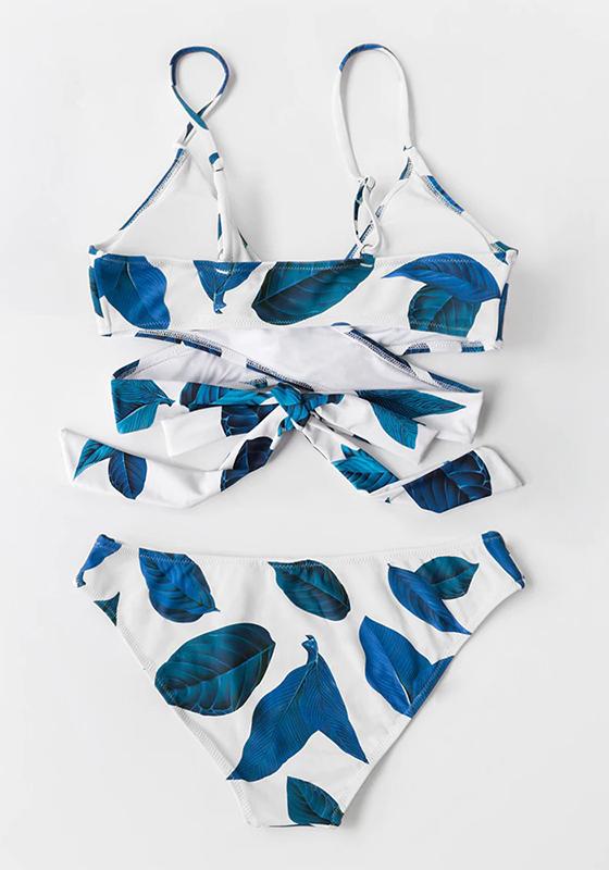 Blue Leaves Print Lace Up Low-waist Bikini Set