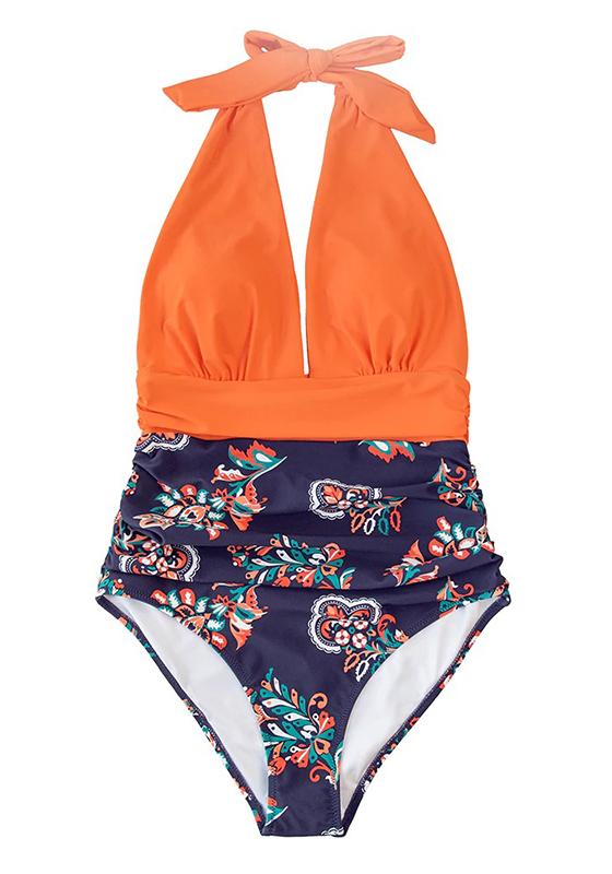 Boho Print and Orange Plunge Halter One-Piece