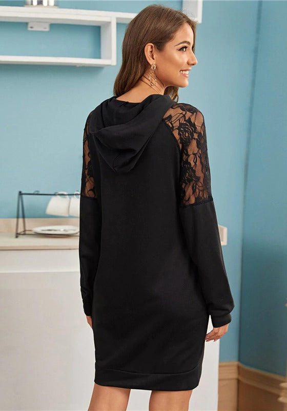 Contrast Lace Hooded Sweatshirt Dress