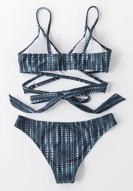 Blue Leaves Print Lace Up Low-waist Bikini Set