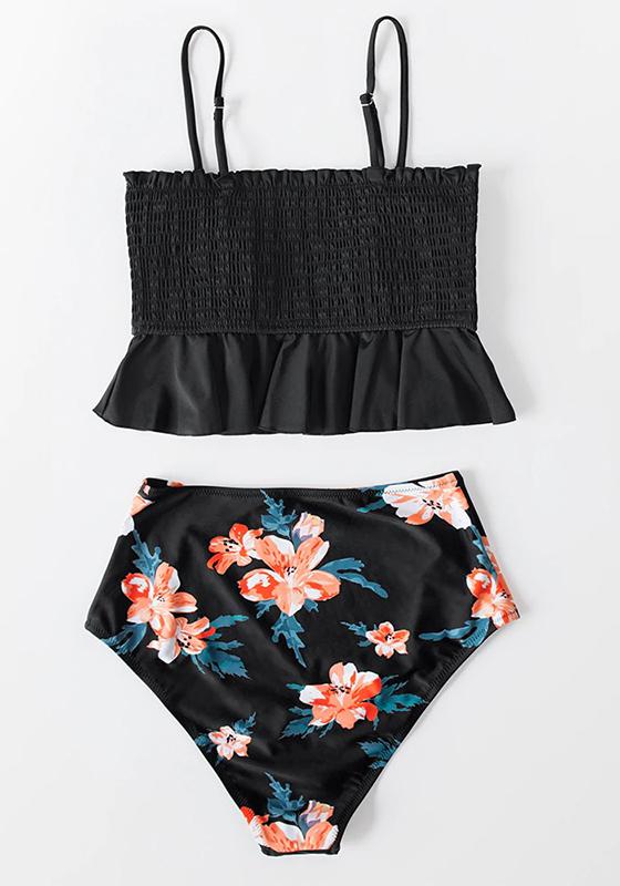 Black Floral Smocked High-Waisted Bikini Set