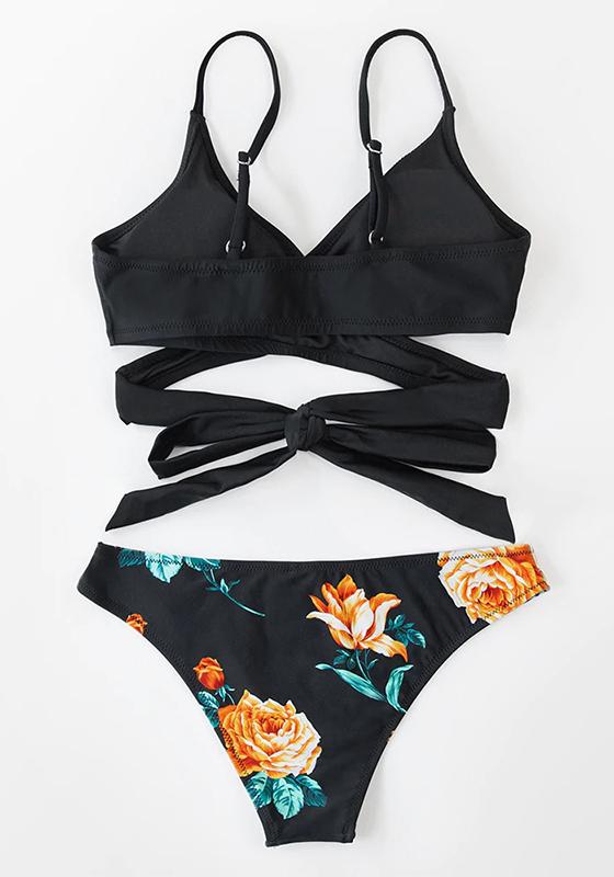 Blue Leaves Print Lace Up Low-waist Bikini Set