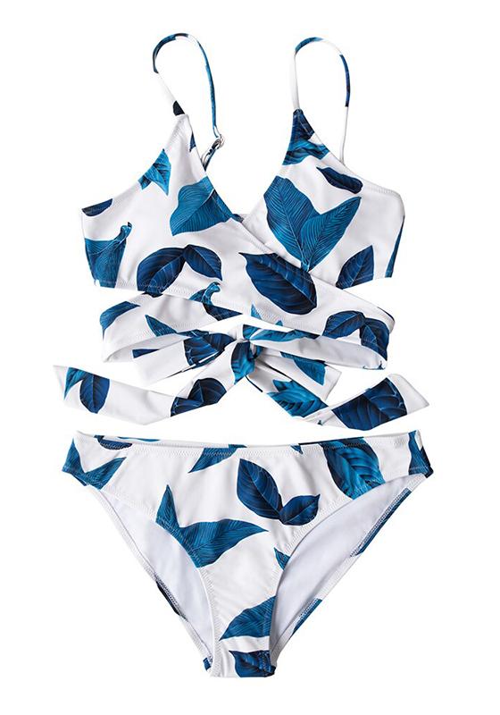 Blue Leaves Print Lace Up Low-waist Bikini Set