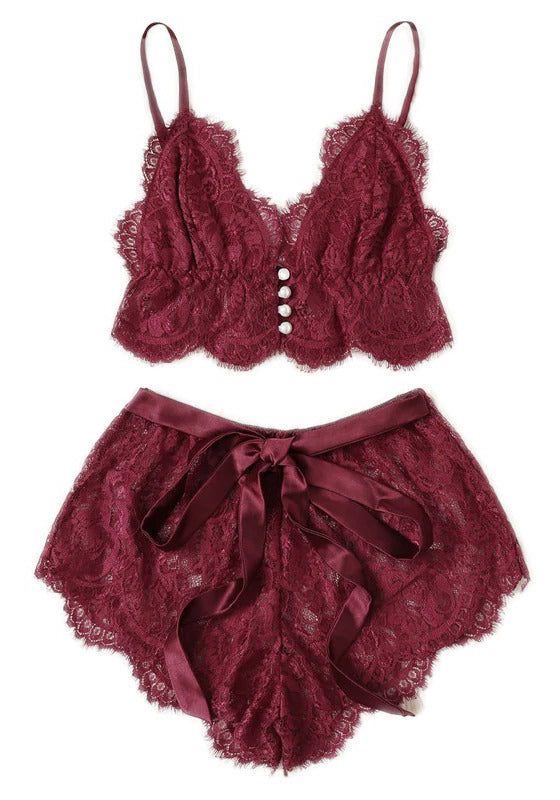 V Neck Lace Satin Pajama Set