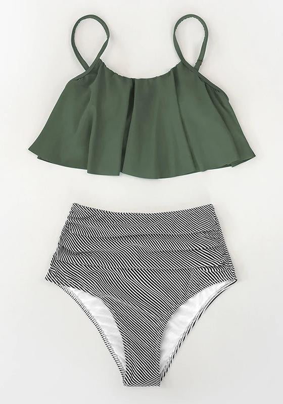 Olive Stripe Falbala High Waisted Bikini Set