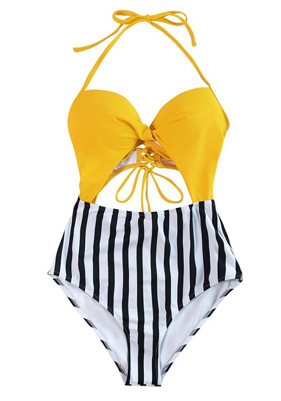 Yellow and Stripe Halter One-Piece