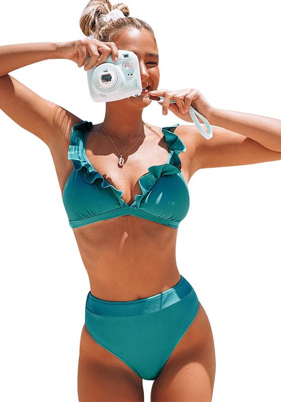 Solid Red Green Ruffled High-Waisted Bikini Set