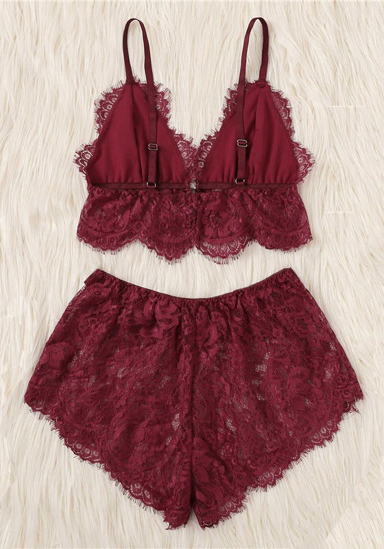 V Neck Lace Satin Pajama Set