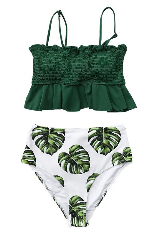 Smocked Orange Monstera High-Waist Bikini Set