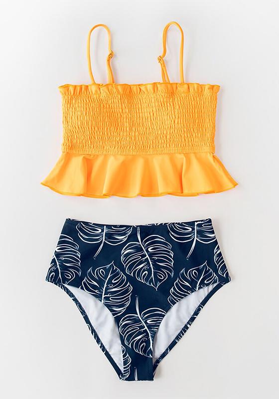 Smocked Orange Monstera High-Waist Bikini Set