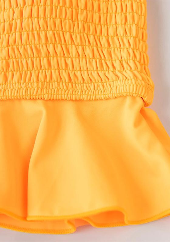 Smocked Orange Monstera High-Waist Bikini Set