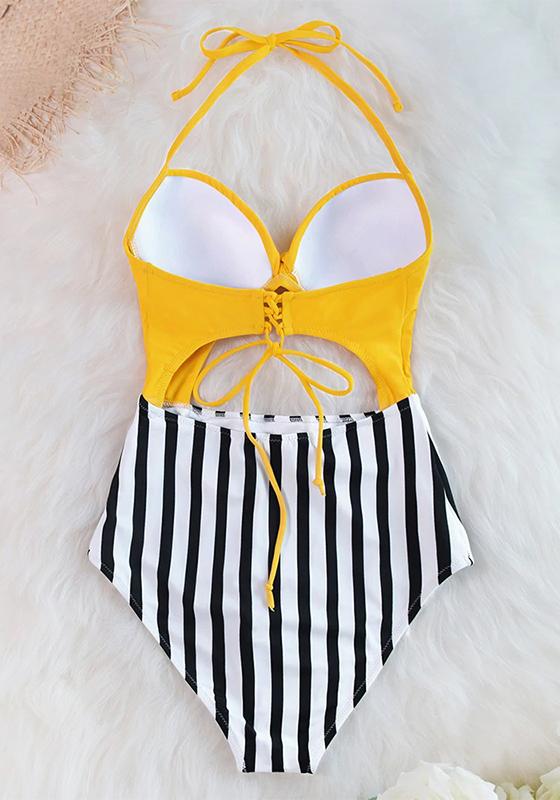 Yellow and Stripe Halter One-Piece