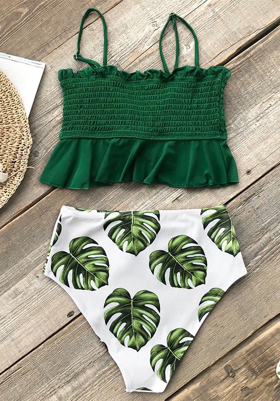 Smocked Orange Monstera High-Waist Bikini Set