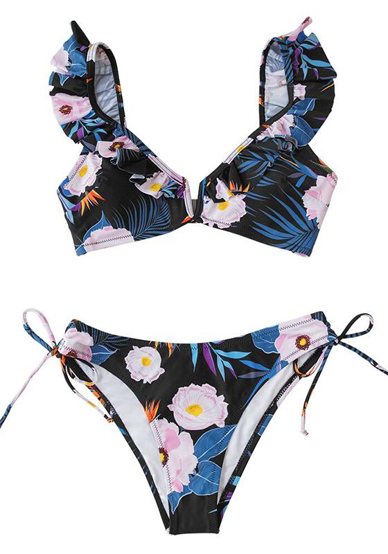 Black Floral Ruffled V-neck Bikini Set