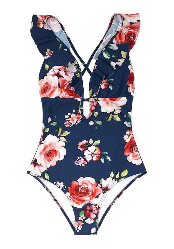 Floral Print Ruffled Deep V-neck One-Piece