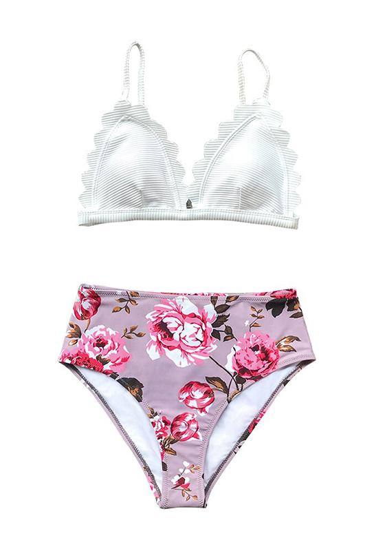 White and Pink Floral Scalloped High-waist Bikini