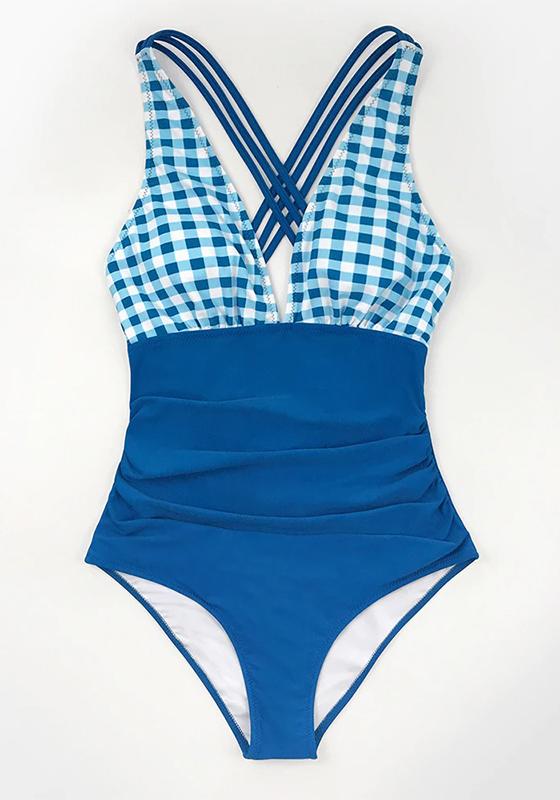 Solid Blue and Gingham V-neck One-Piece