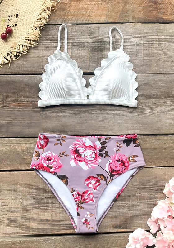 White and Pink Floral Scalloped High-waist Bikini