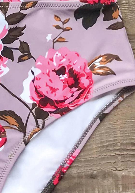 White and Pink Floral Scalloped High-waist Bikini