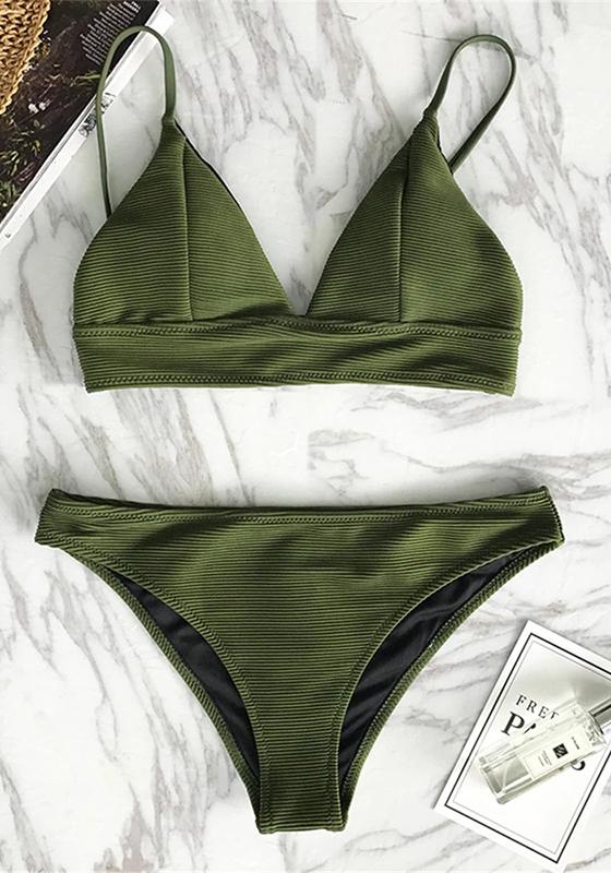 Army Green Solid Bikini Set