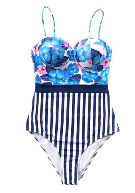 Sexy Blue Hibiscus Floral And Stripe One-Piece