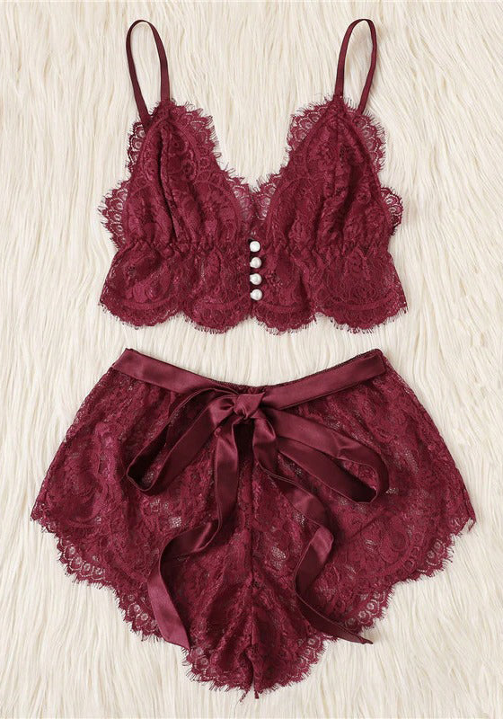 V Neck Lace Satin Pajama Set