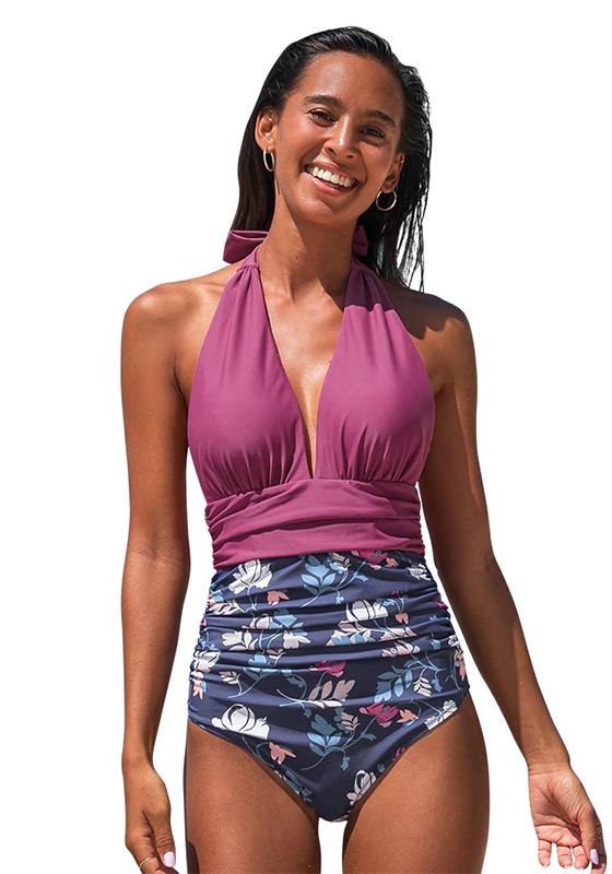 Purple Floral Halter One-Piece