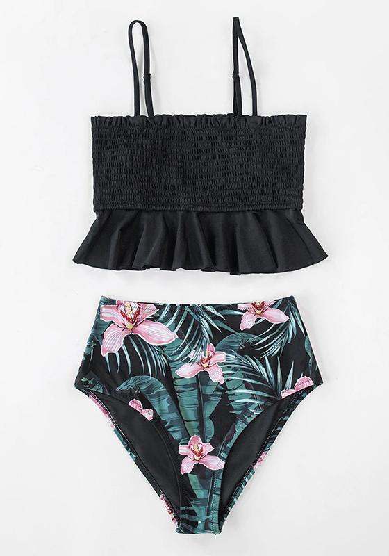 Smocked Blue Leaves Print Bikini Set