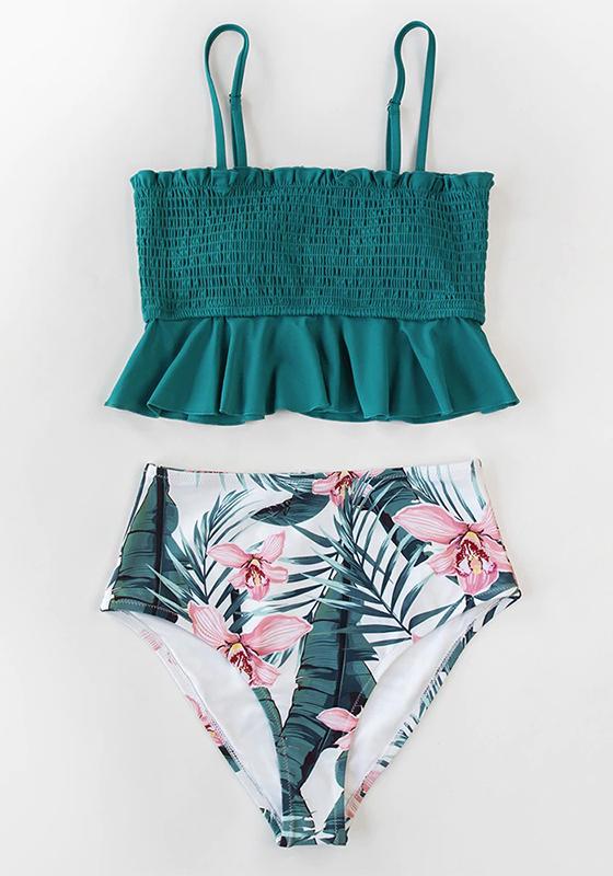 Smocked Blue Leaves Print Bikini Set