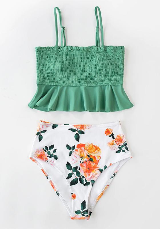 Smocked Blue Leaves Print Bikini Set