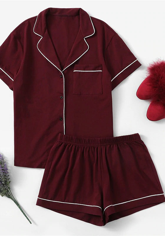 Contrast Piping Pocket Front Pajama Set